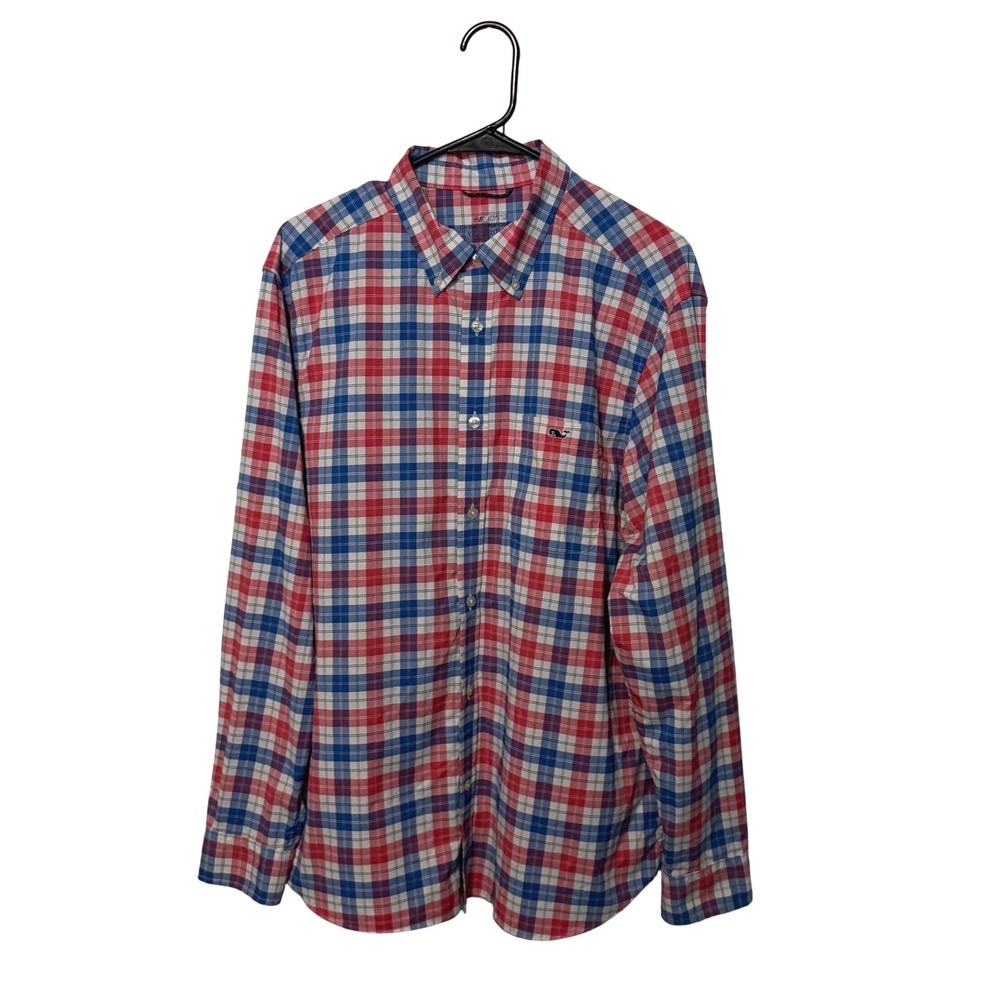 Vineyard Vines On the Go Shirt Mens Large Red Blue Plaid OTG Performance Shirt